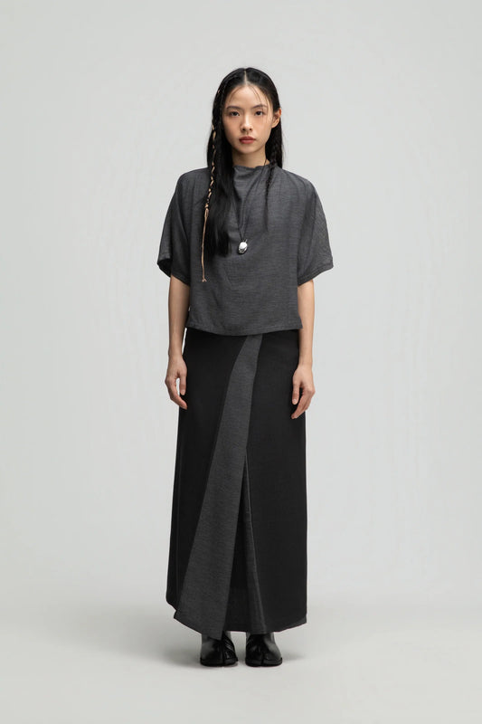Semi High Neck Short Sleeve Crop Top (Midnight Grey)