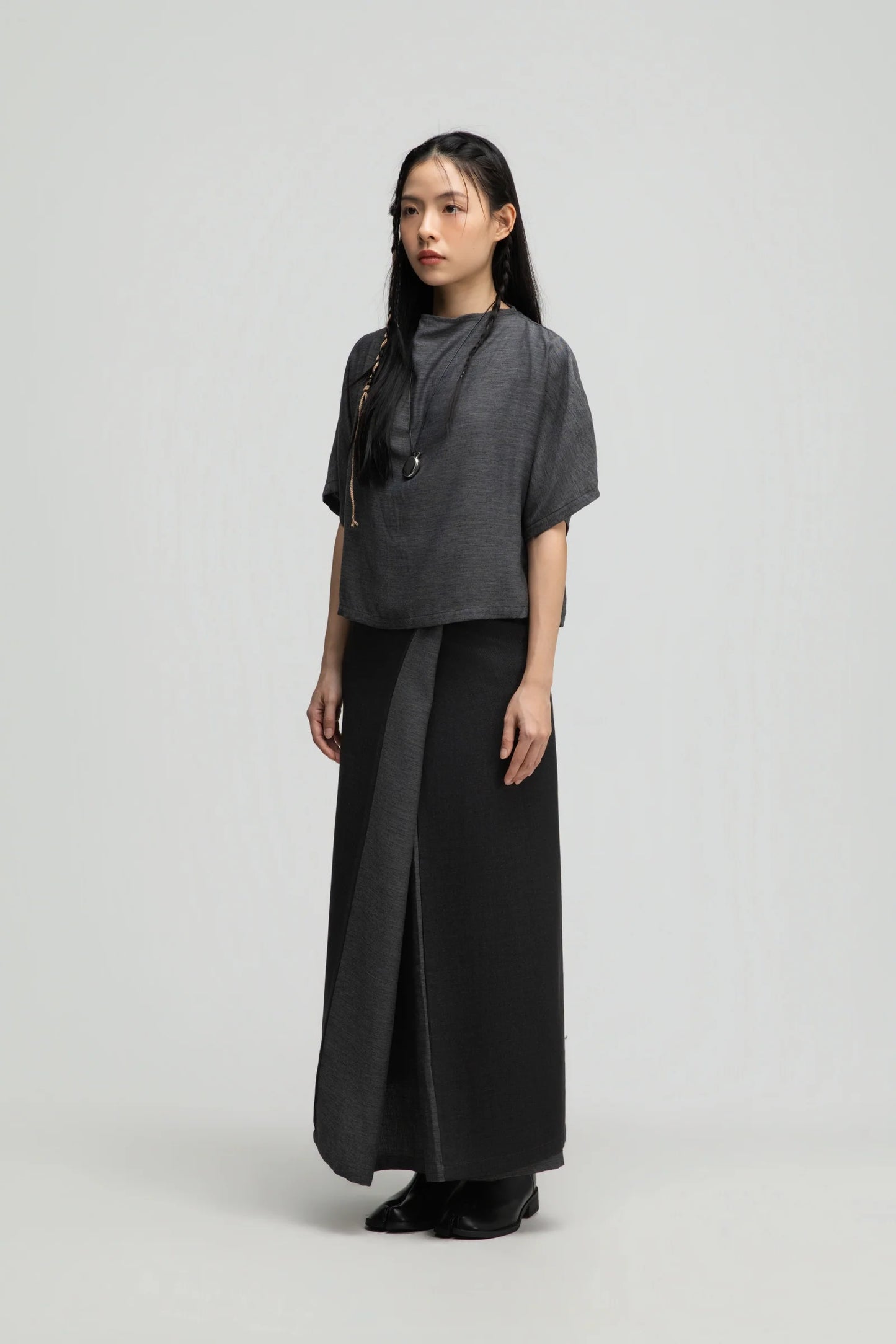 Semi High Neck Short Sleeve Crop Top (Midnight Grey)