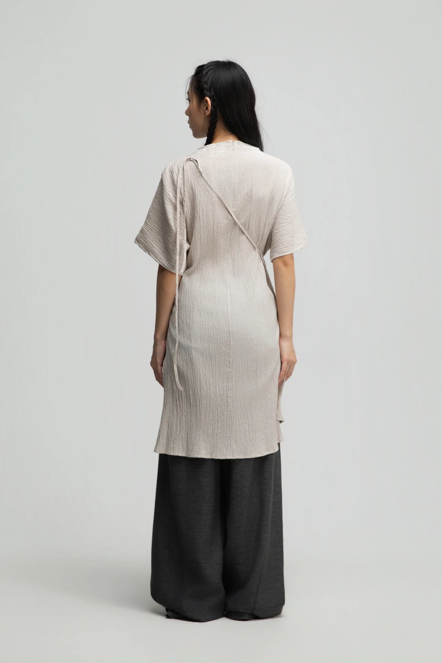 High Neck Wrap Longline Top (Beige)