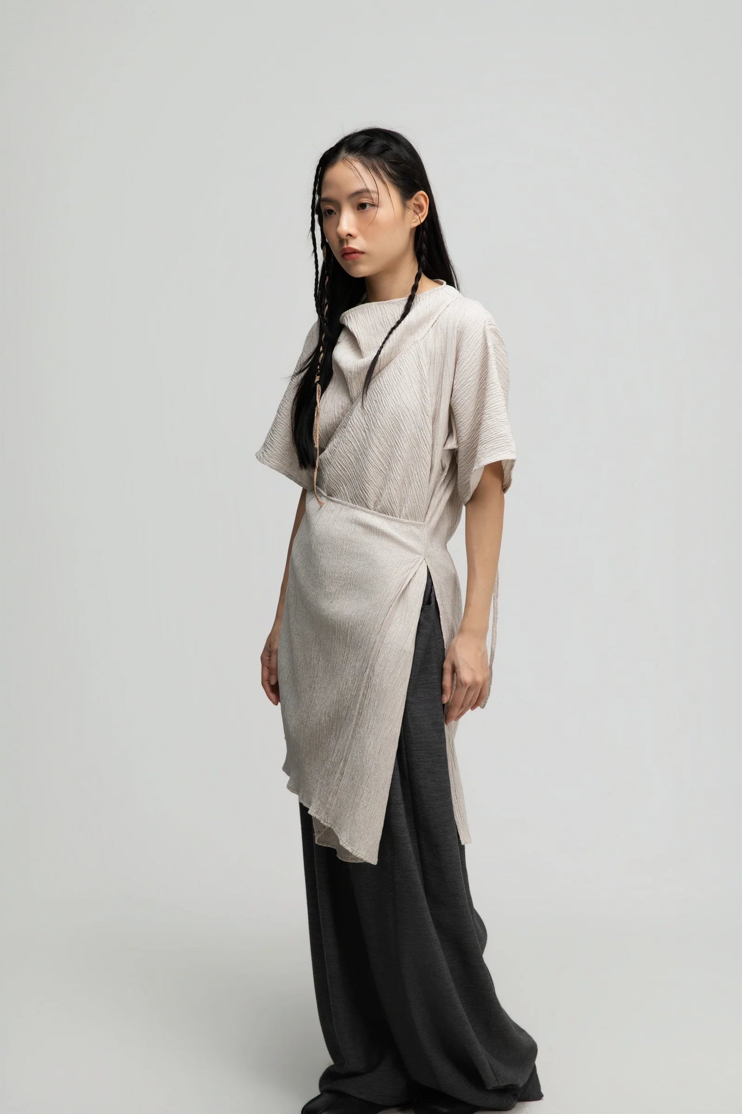 High Neck Wrap Longline Top (Beige)