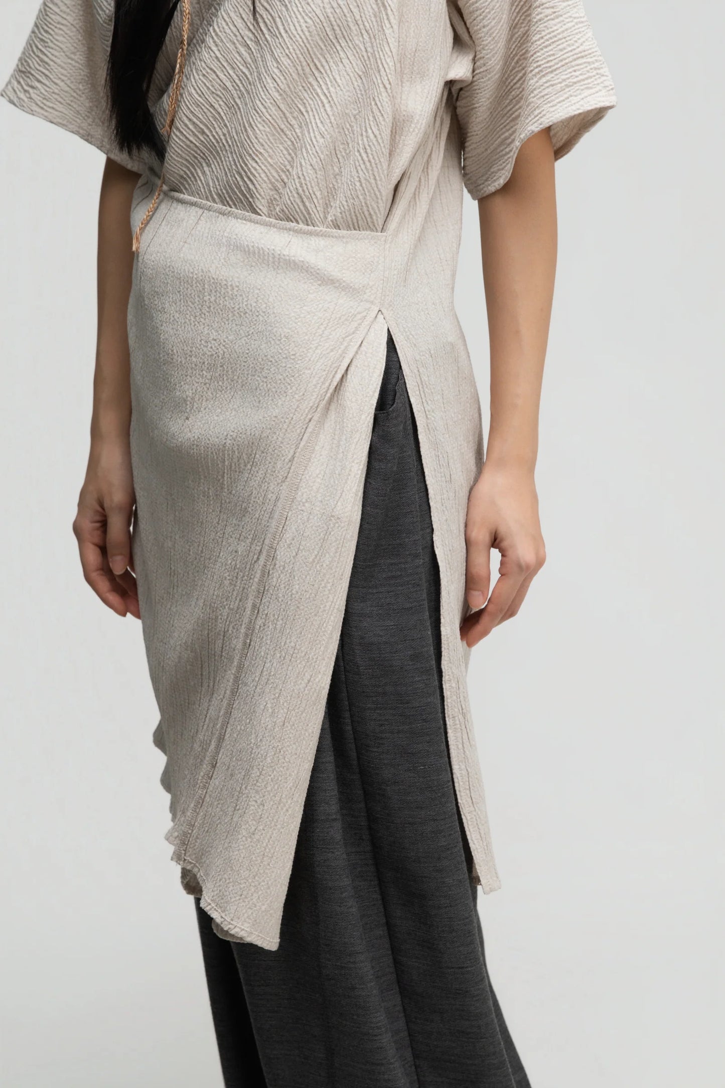 High Neck Wrap Longline Top (Beige)