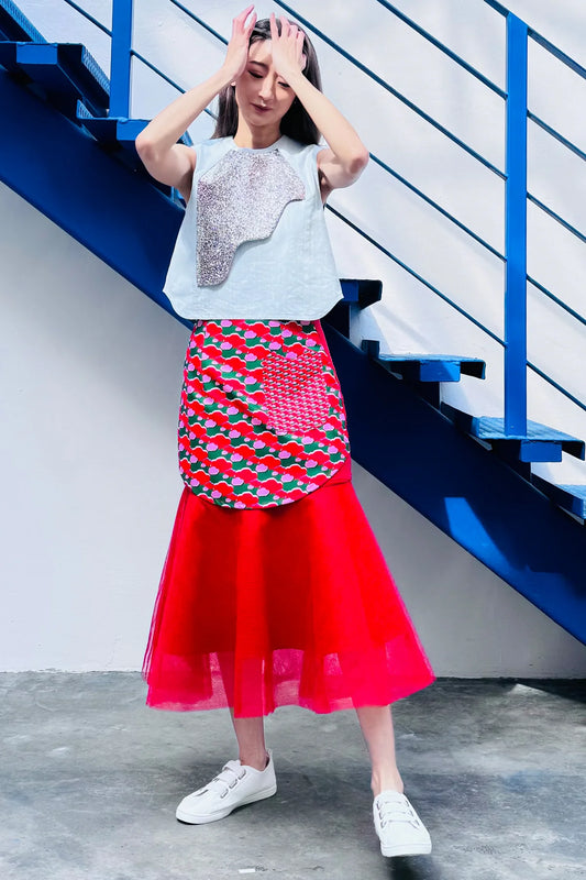 LUNAR 2024 SK01 || RED TULLE PEPLUM SKIRT - BEV C multi label store