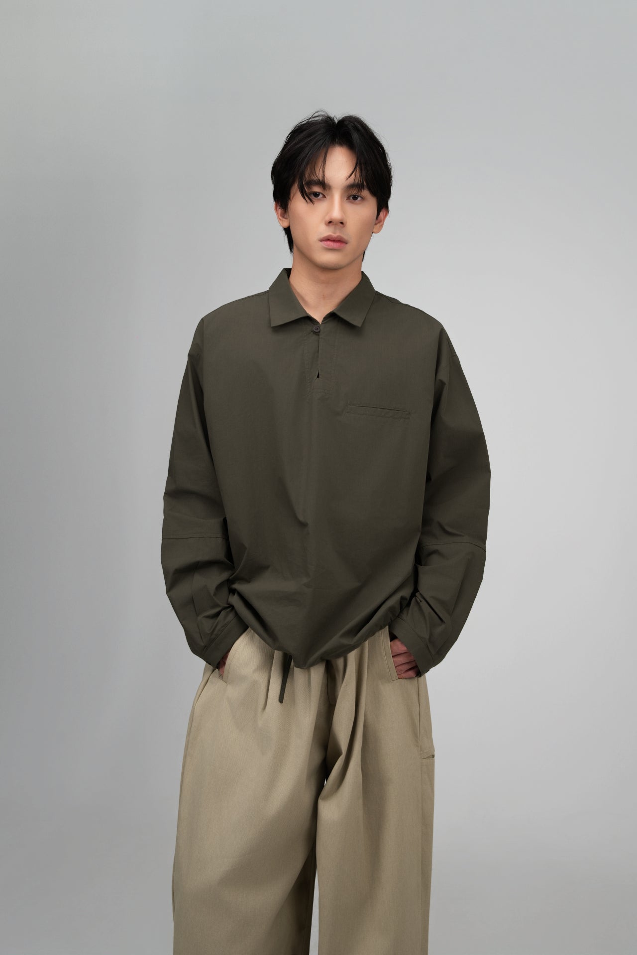 Gender Neutral Skipper Collar Long Sleeve Shirt (Forest) - BEV C multi label store