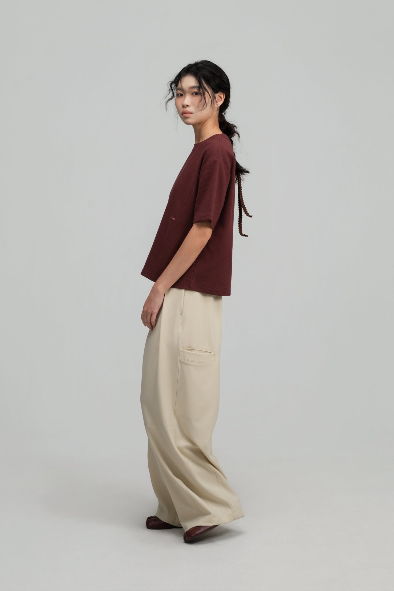 Gender Neutral Boxy Crop Waffle Tee (Maroon) - BEV C multi label store