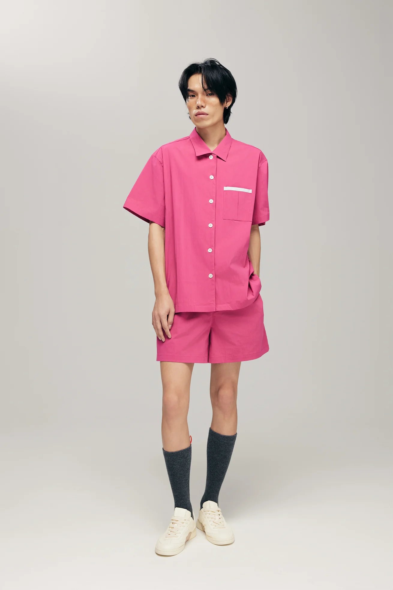 ORIME CAMP-COLLAR SHIRT IN DRAGONFRUIT & MINT BLUE