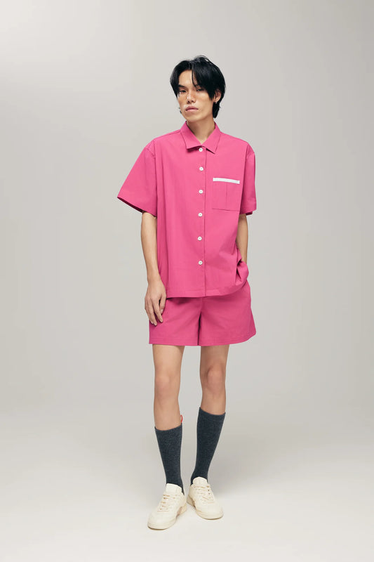 ORIME CAMP-COLLAR SHIRT IN DRAGONFRUIT & MINT BLUE