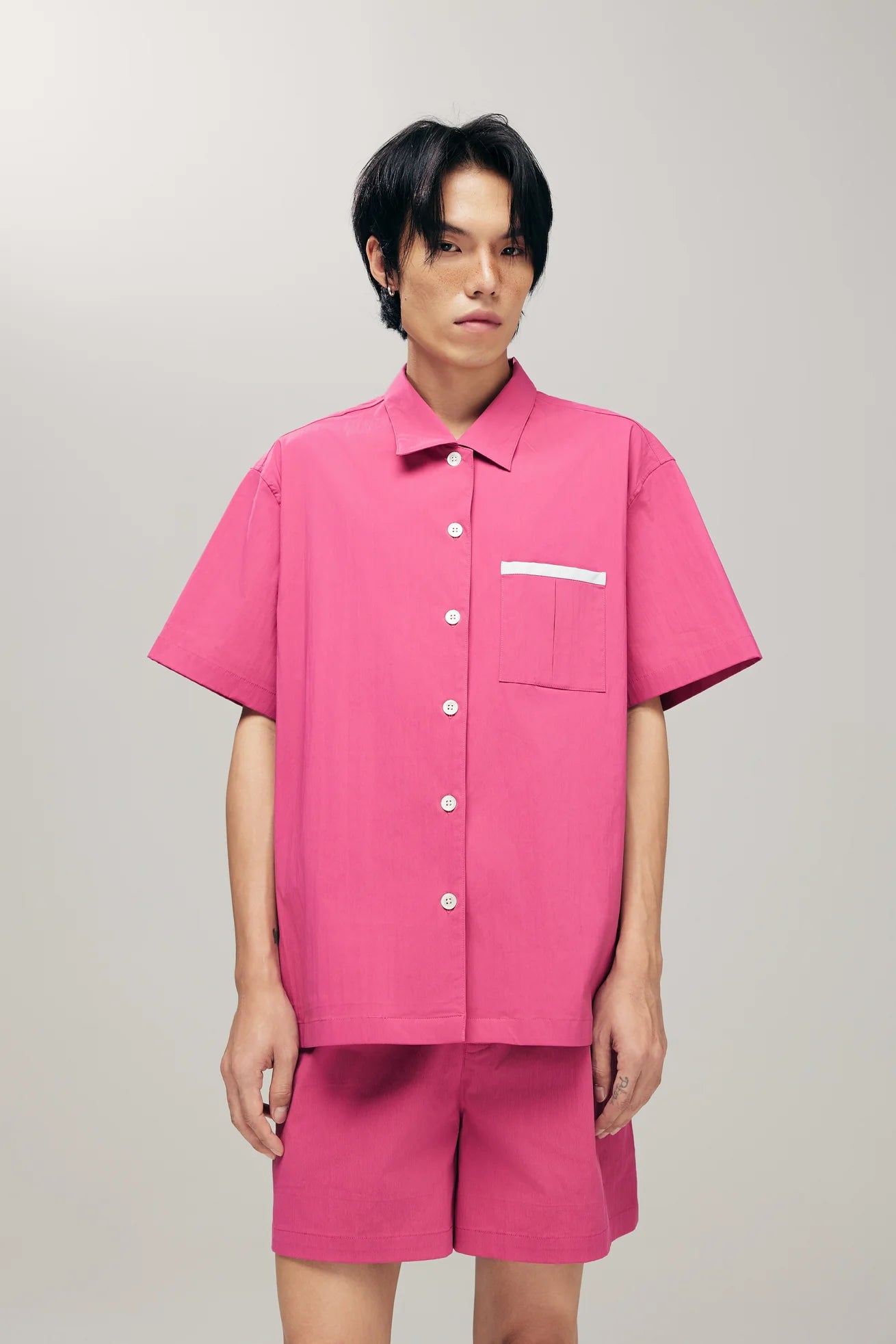 ORIME CAMP-COLLAR SHIRT IN DRAGONFRUIT & MINT BLUE