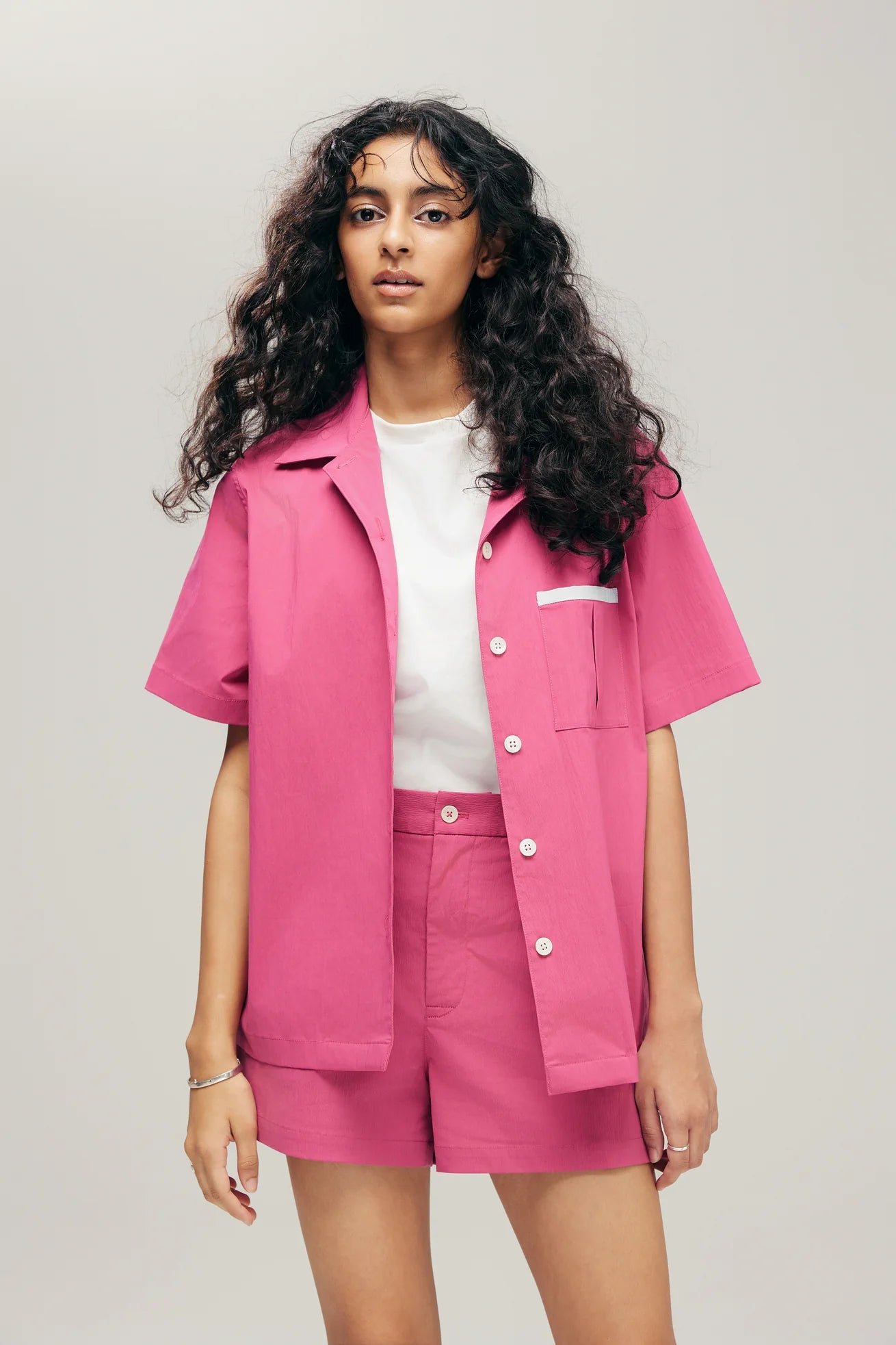 ORIME CAMP-COLLAR SHIRT IN DRAGONFRUIT & MINT BLUE
